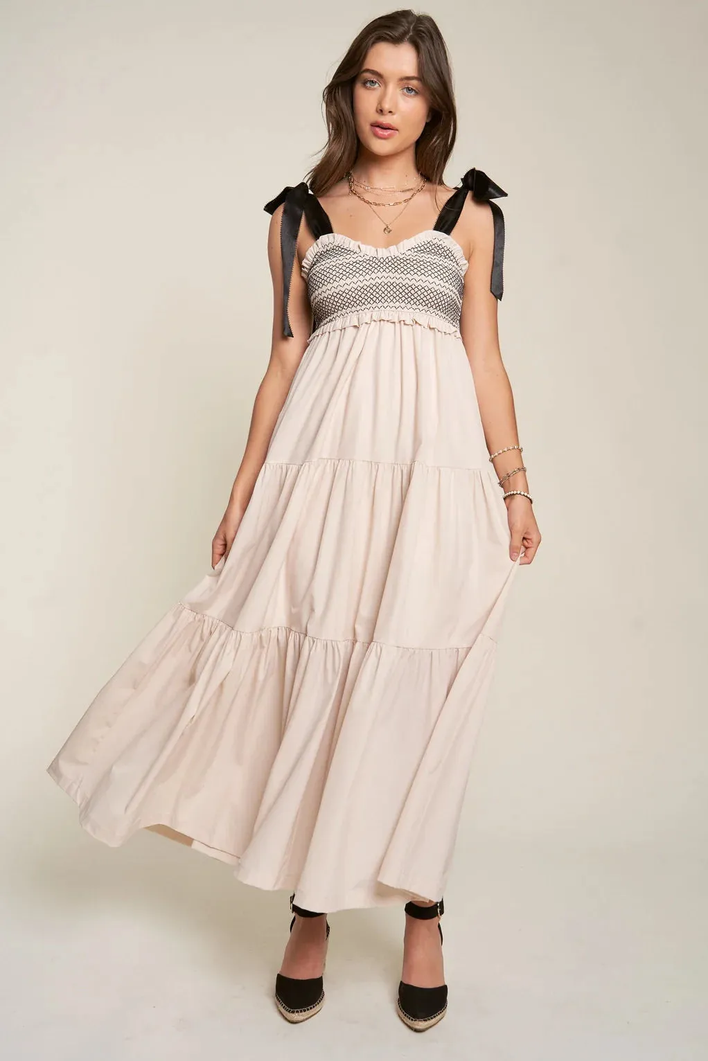 The Bette Bow Tie Shoulder Maxi Dress - Beige - PLUS
