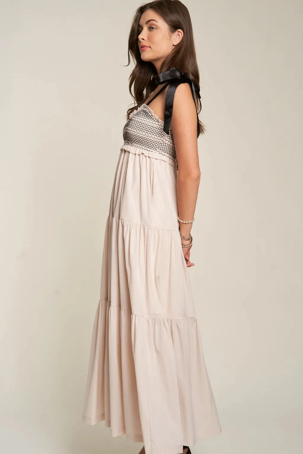 The Bette Bow Tie Shoulder Maxi Dress - Beige - PLUS