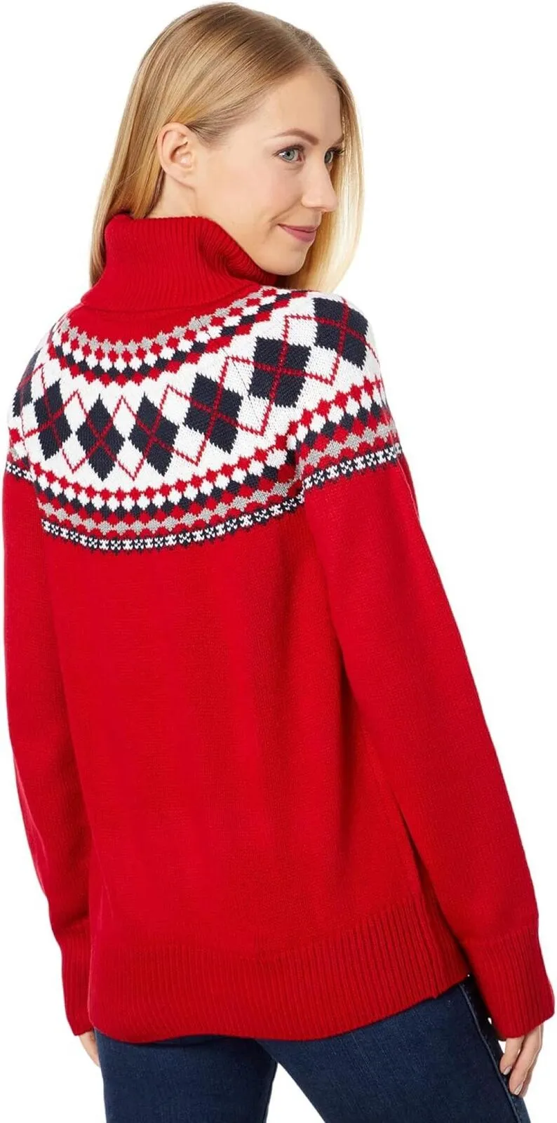 Tommy Hilfiger Argyle Fair Isle Turtleneck Sweater J2XS0184 Scarlet Red Multi S