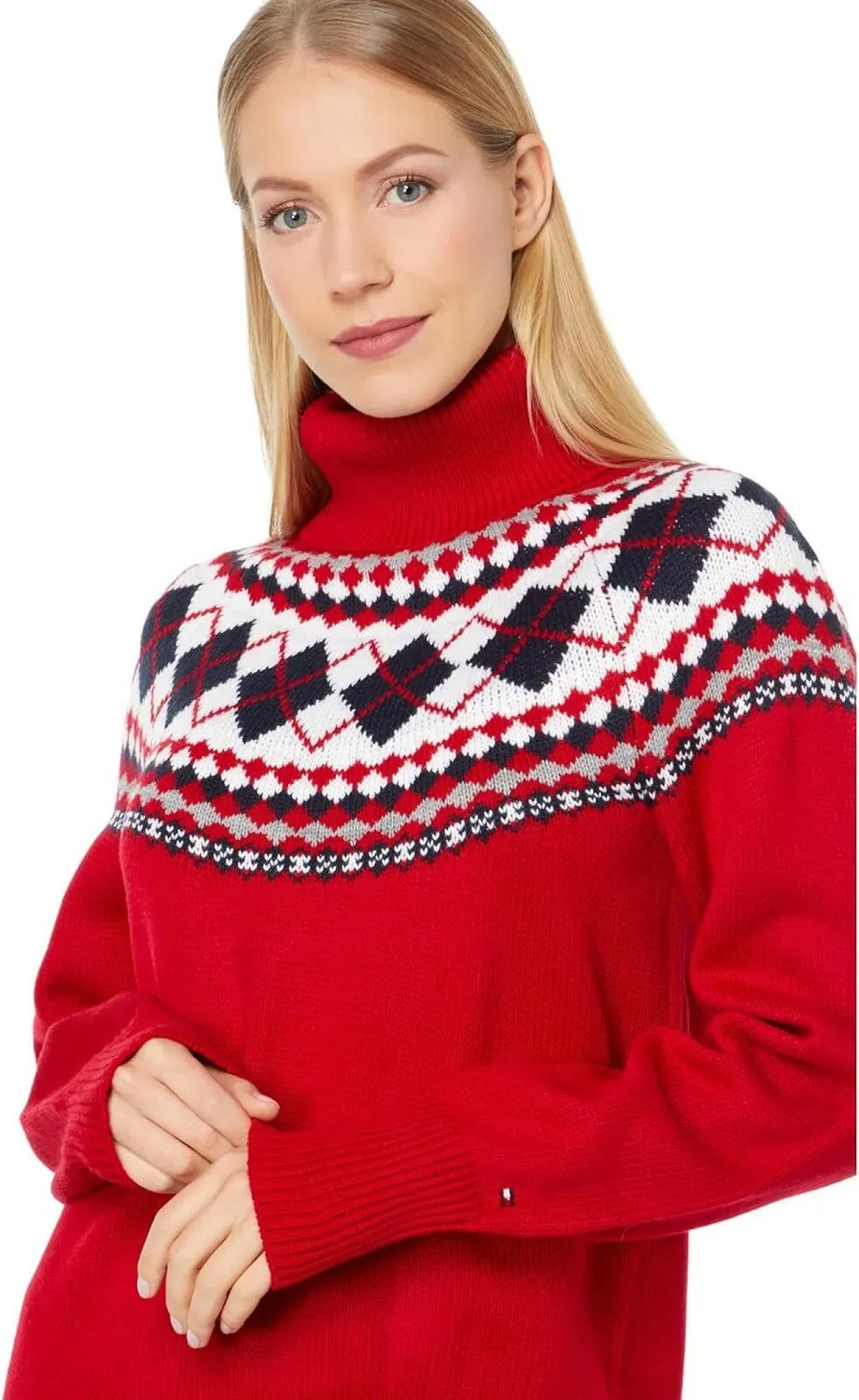 Tommy Hilfiger Argyle Fair Isle Turtleneck Sweater J2XS0184 Scarlet Red Multi S