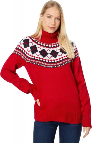 Tommy Hilfiger Argyle Fair Isle Turtleneck Sweater J2XS0184 Scarlet Red Multi S