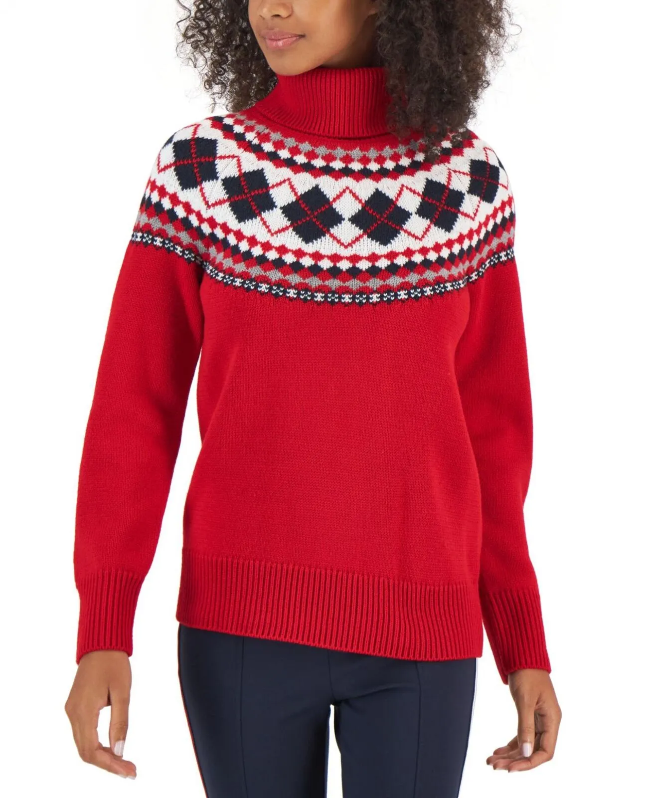 Tommy Hilfiger Womens Argyle Fair Isle Turtleneck Sweater Scarlet Multi Red 2XL