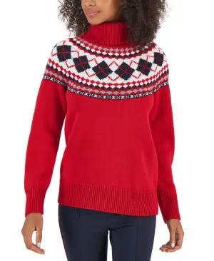 Tommy Hilfiger Womens Argyle Fair Isle Turtleneck Sweater Scarlet Multi Red 2XL