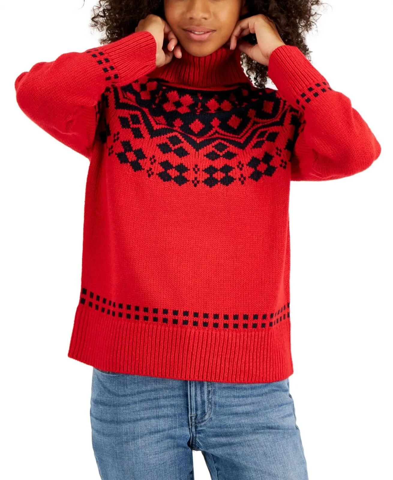 Tommy Hilfiger Women's Fair Isle Turtleneck Sweater J2XS0785 Scarlet Red XL