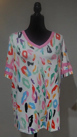 Top - V-neck with multi leopard colors & pink trim neck and sleeves