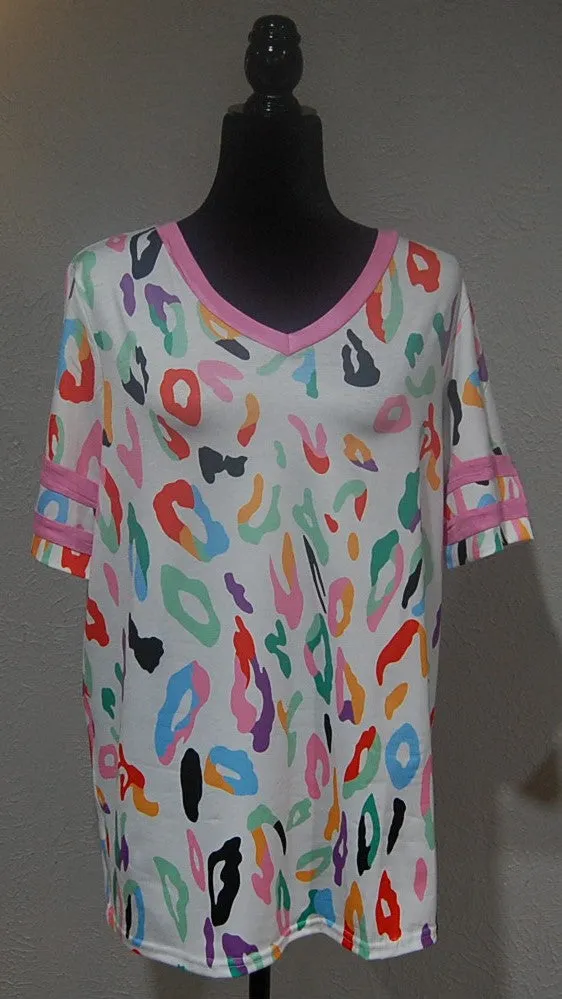 Top - V-neck with multi leopard colors & pink trim neck and sleeves