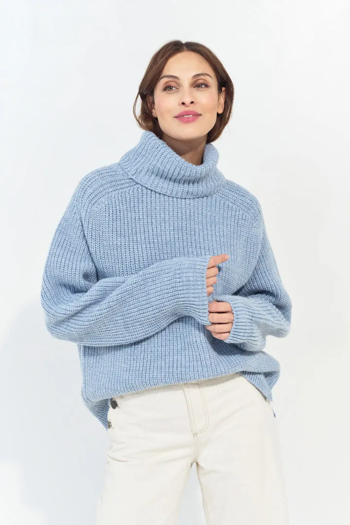 TORINO - Pull bleu ciel à col roulé en tricot fantaisie
