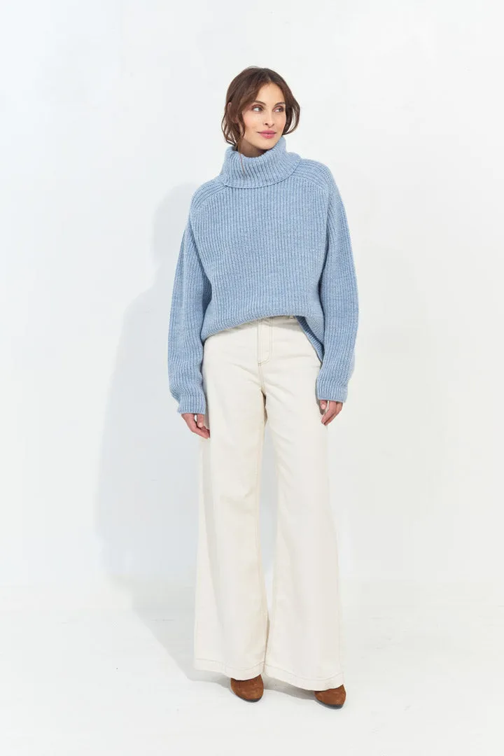 TORINO - Pull bleu ciel à col roulé en tricot fantaisie