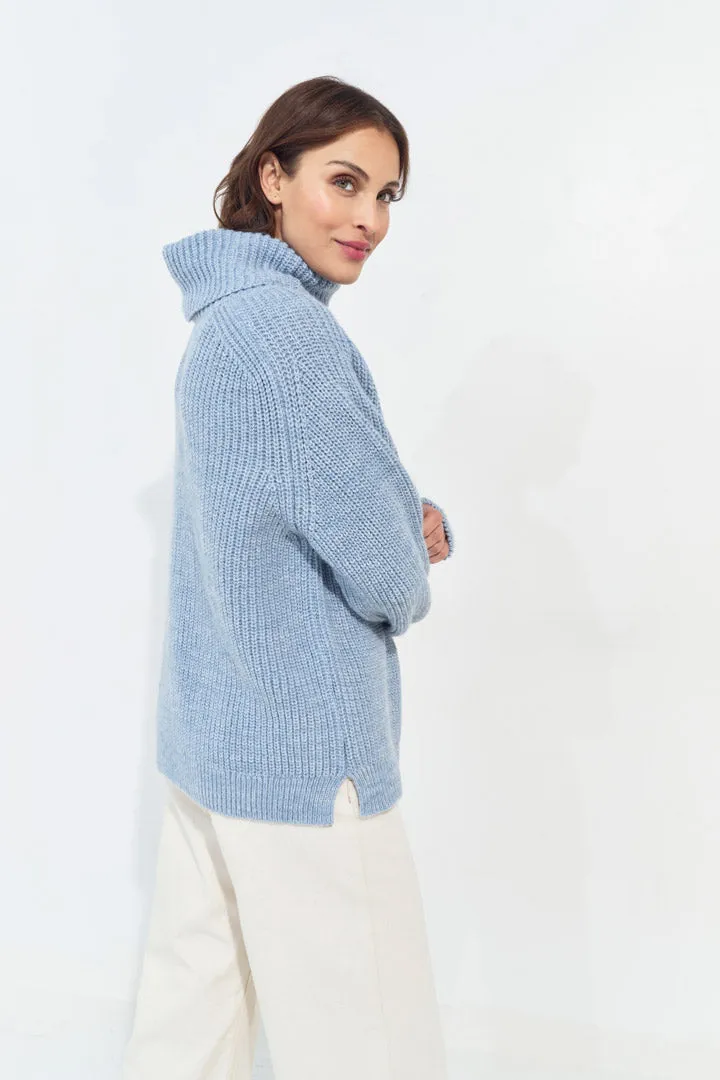 TORINO - Pull bleu ciel à col roulé en tricot fantaisie
