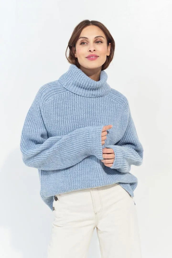 TORINO - Pull bleu ciel à col roulé en tricot fantaisie
