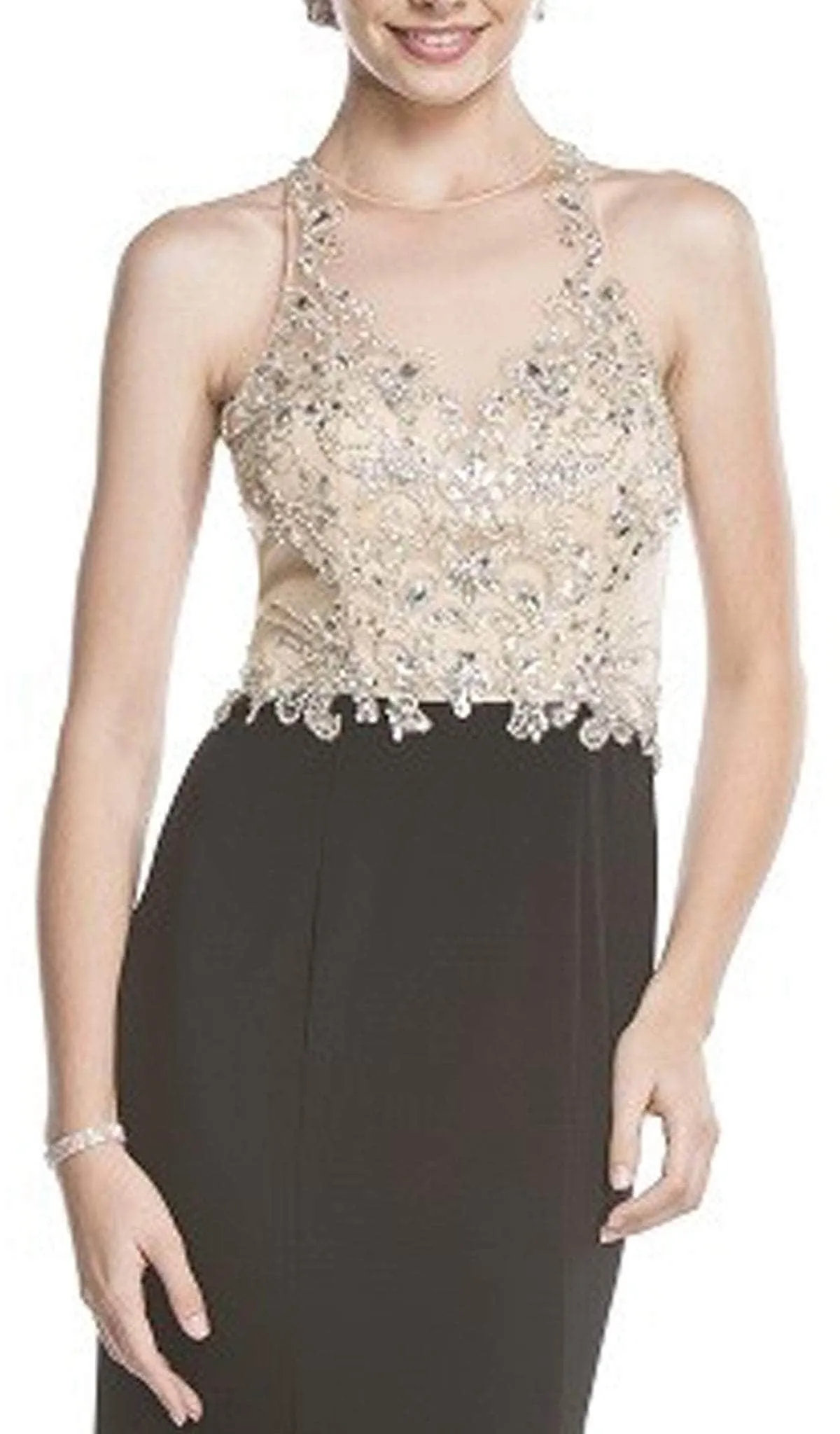 Trevi Collection - Beaded Sheer Sheath Evening Dress