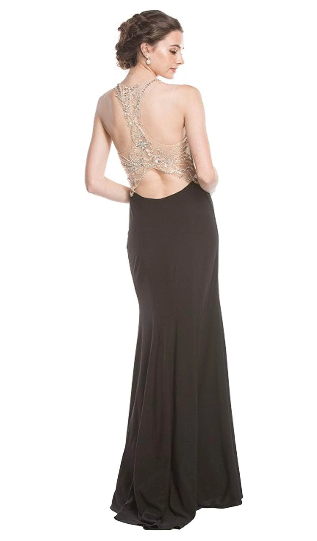 Trevi Collection - Beaded Sheer Sheath Evening Dress