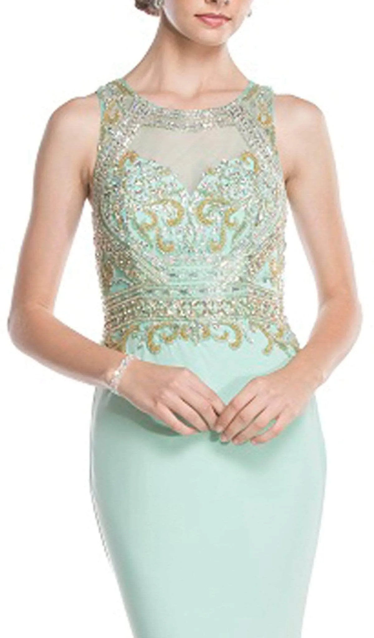 Trevi Collection - Sheer Jewel Neck Prom Sheath Dress