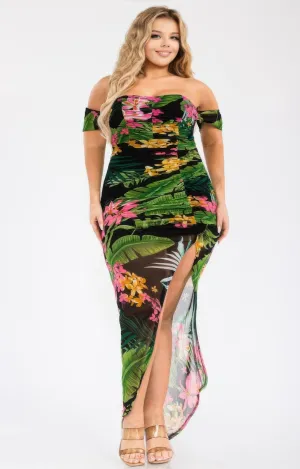 Tropical Off Shoulder Draped Slv Maxi Dress