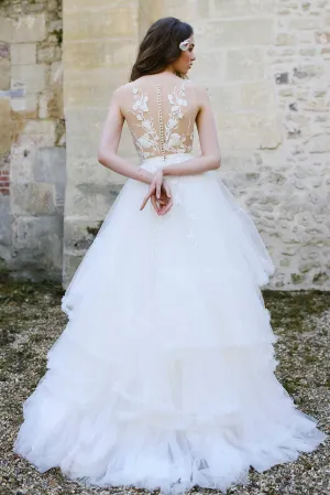 Tulle A-Line Ball Gown Wedding Dress With Illusion Appliqued Top-715156
