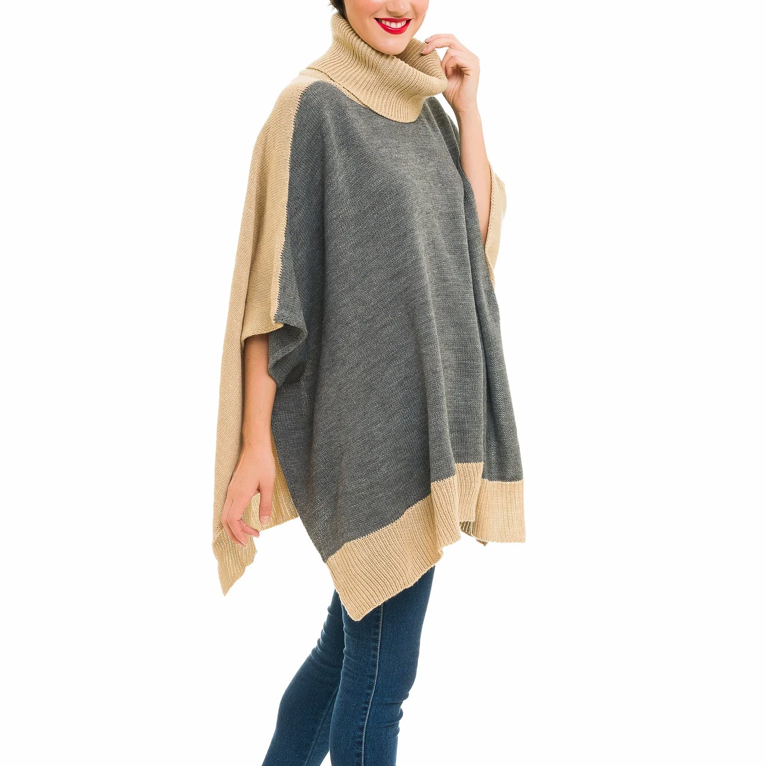 Turtleneck Cardigan Poncho (Gray Beige)