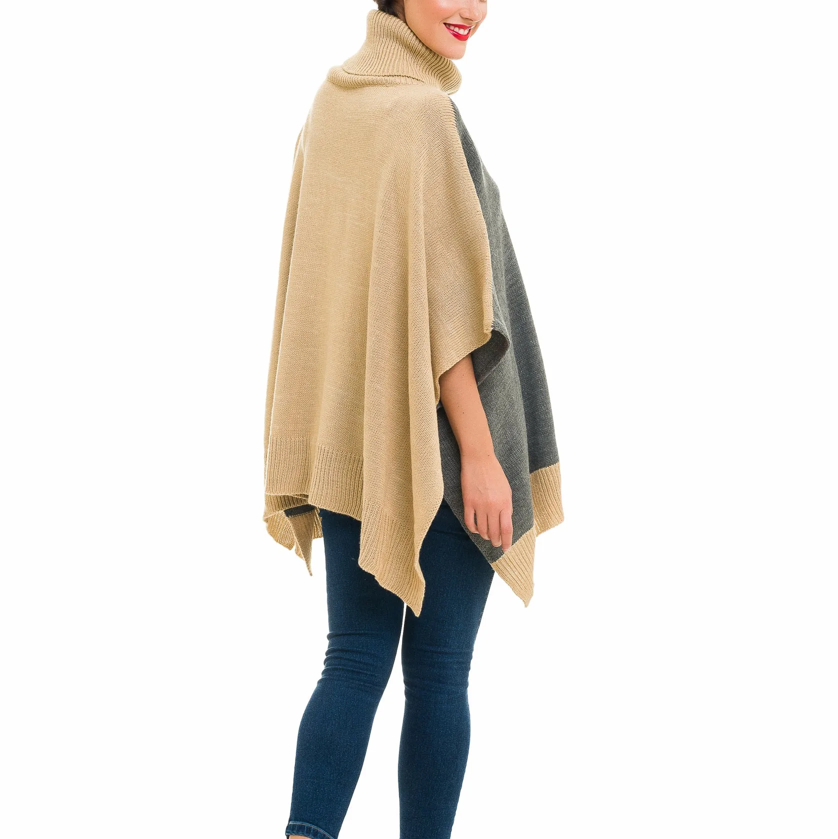Turtleneck Cardigan Poncho (Gray Beige)