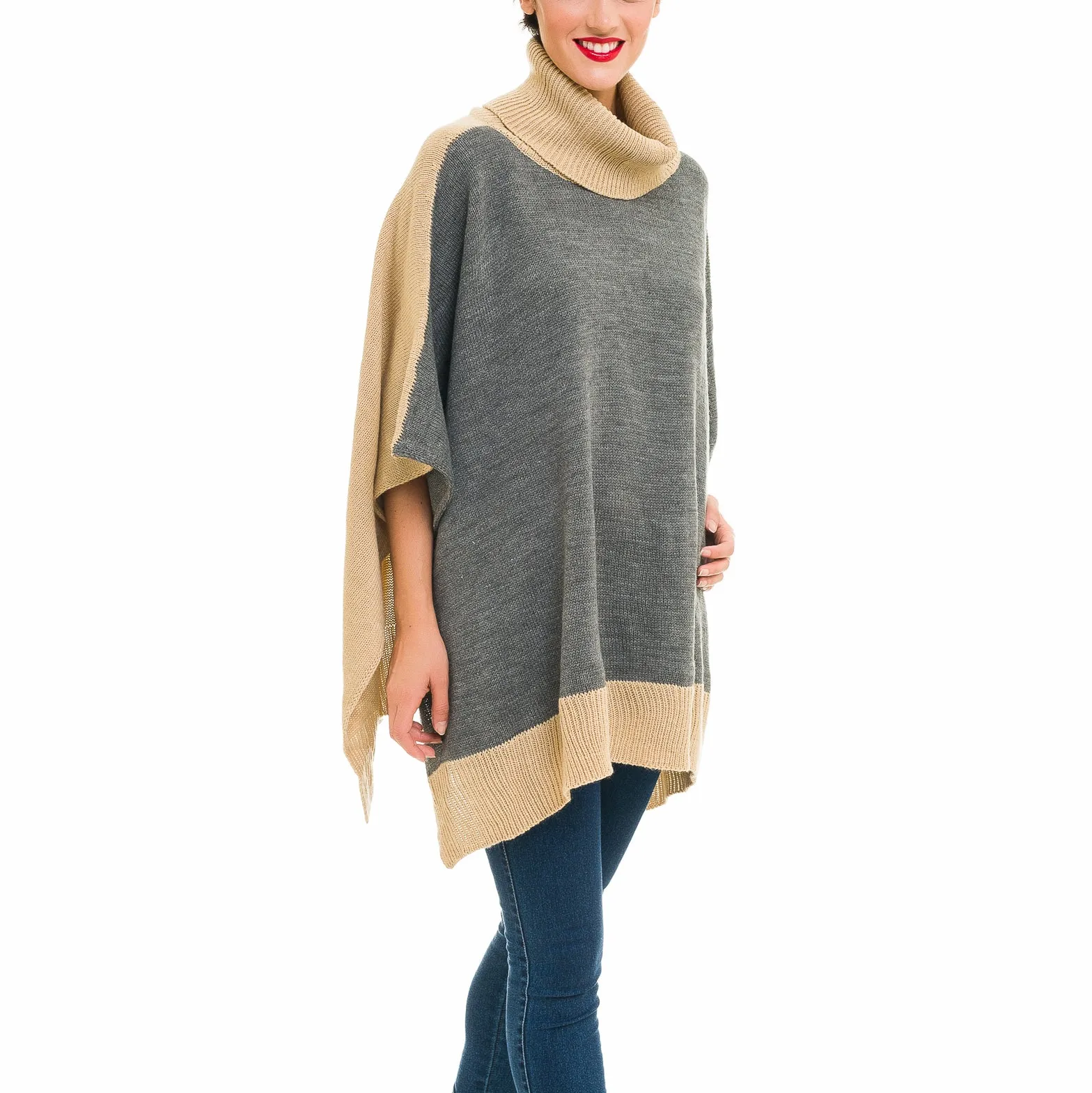 Turtleneck Cardigan Poncho (Gray Beige)