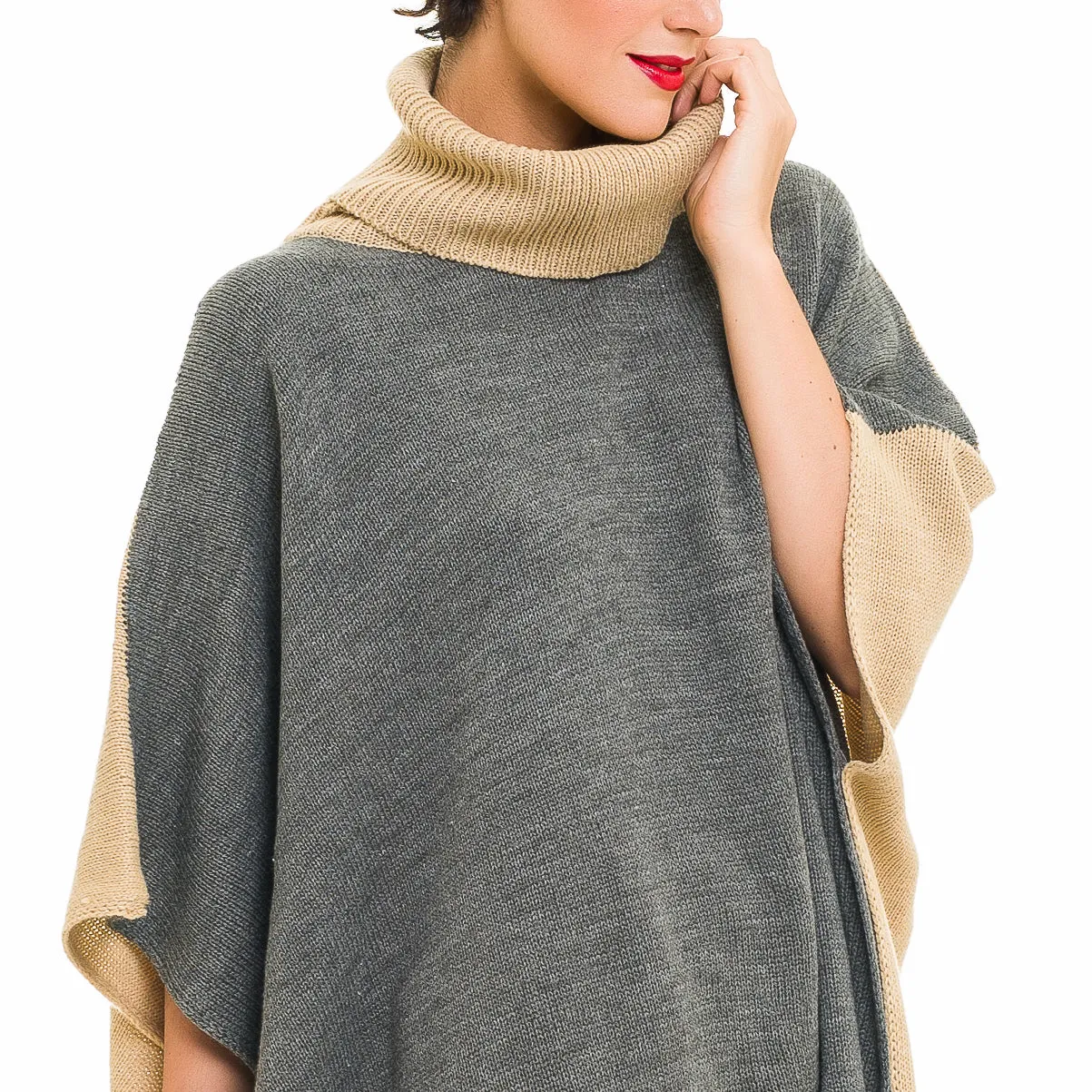 Turtleneck Cardigan Poncho (Gray Beige)