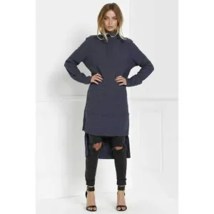 Turtleneck Knitted High Low Dress - Deep Blue L