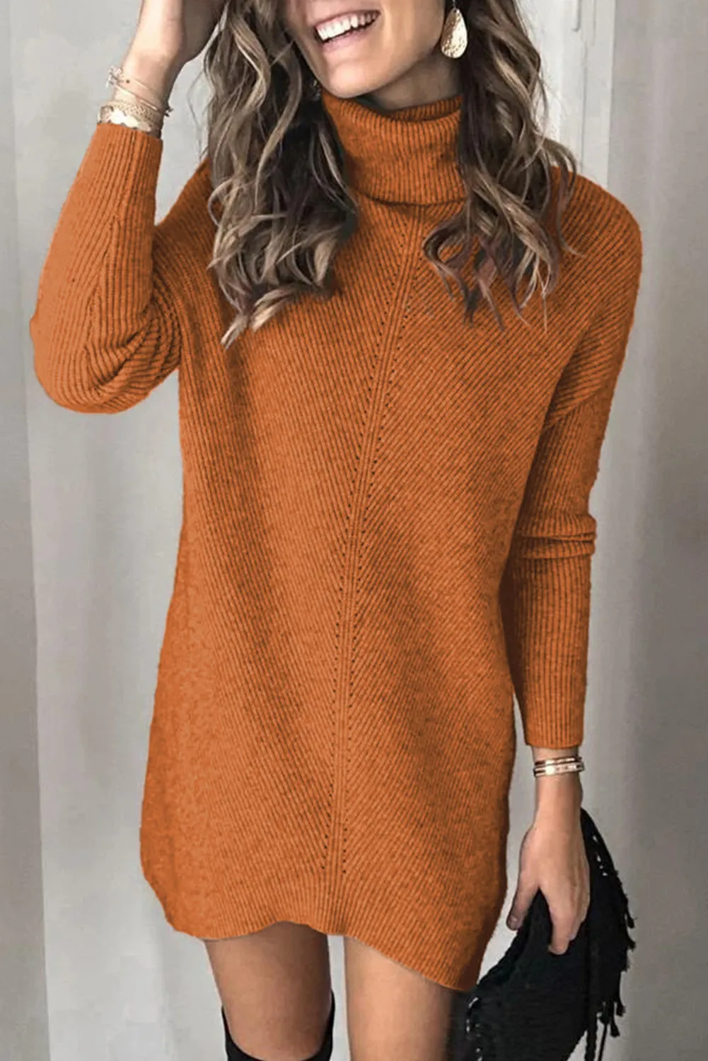 Turtleneck Long Sleeve Knitted Sweater Dress