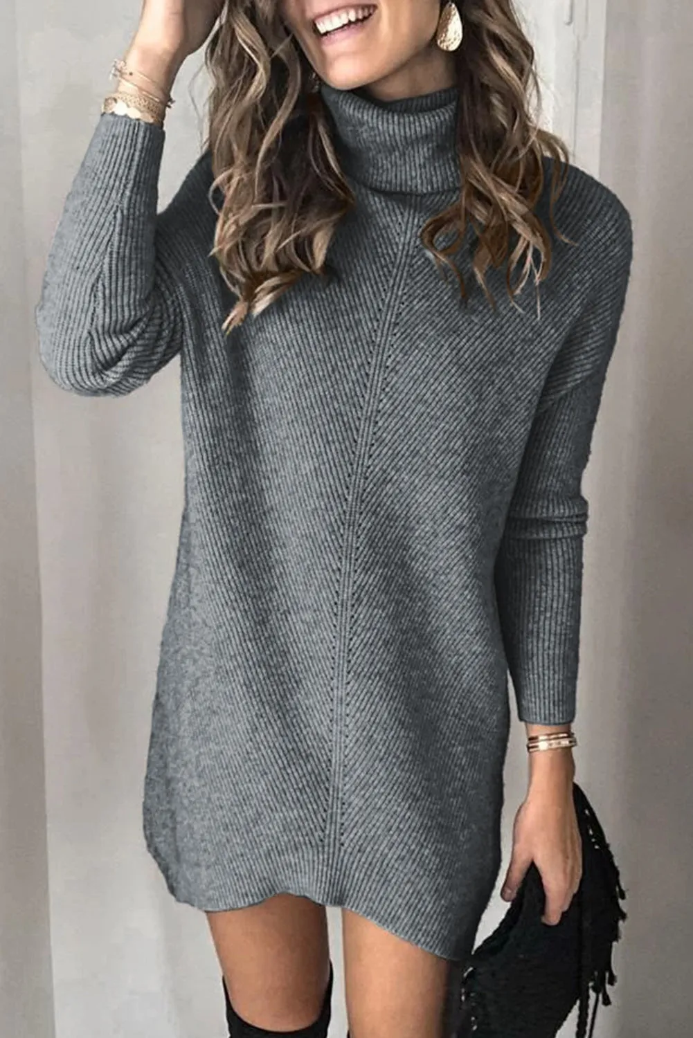 Turtleneck Long Sleeve Knitted Sweater Dress