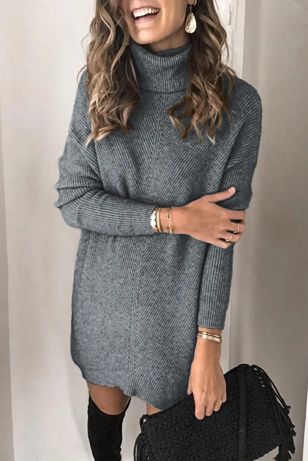 Turtleneck Long Sleeve Knitted Sweater Dress