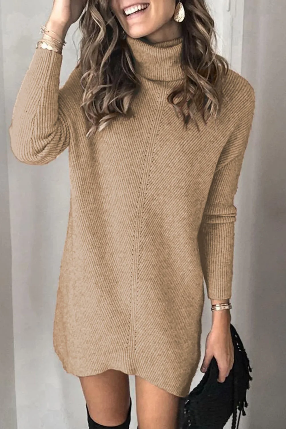 Turtleneck Long Sleeve Knitted Sweater Dress