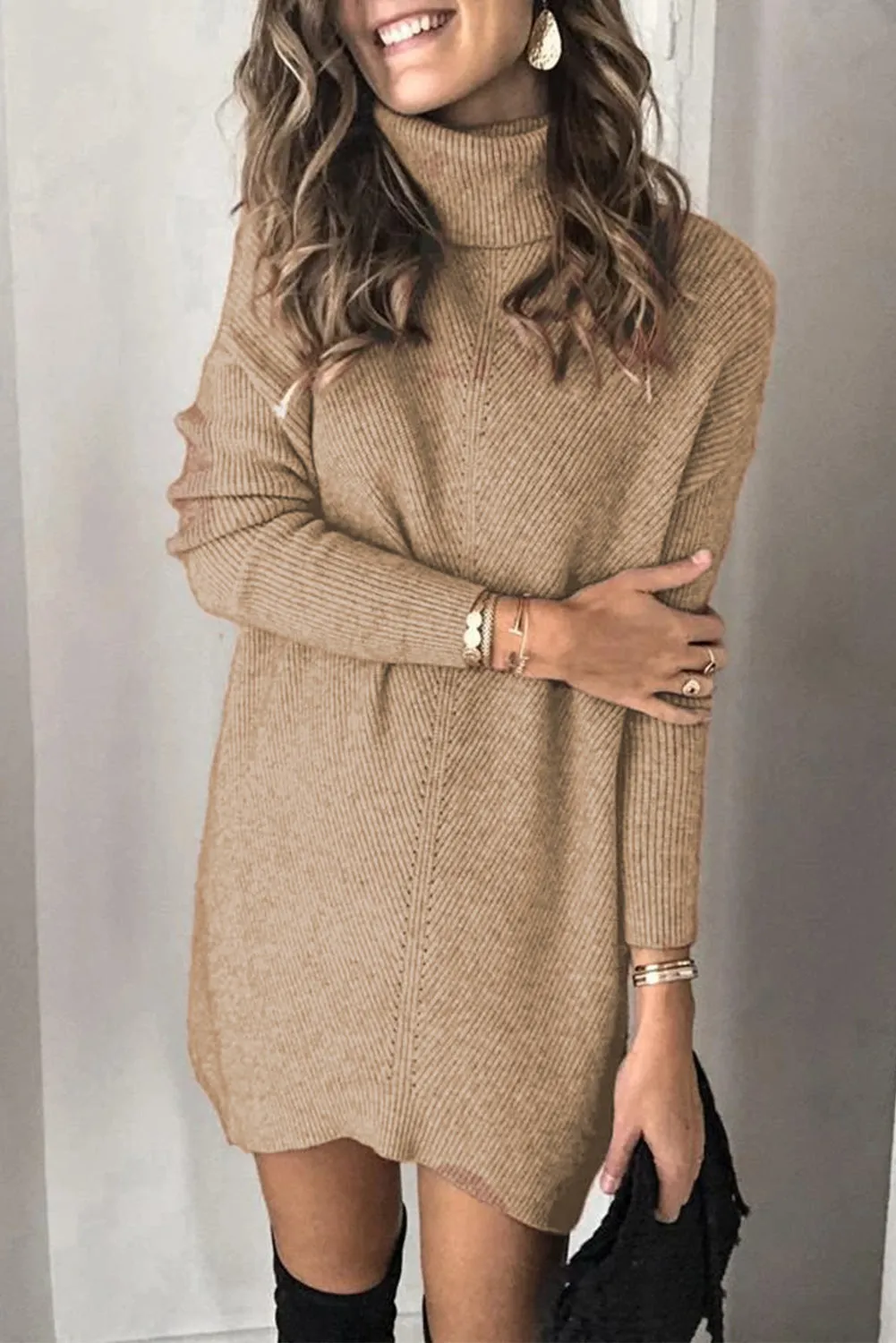 Turtleneck Long Sleeve Knitted Sweater Dress