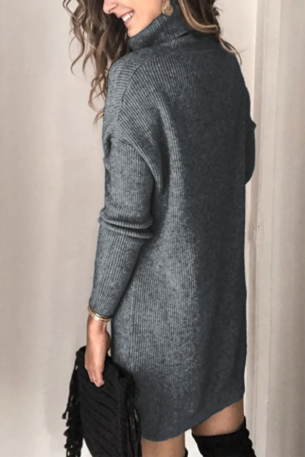 Turtleneck Long Sleeve Knitted Sweater Dress