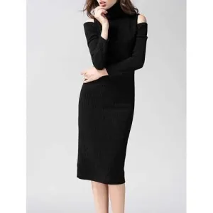 Turtleneck Open Shoulder Bodycon Midi Knit Dress - Black M