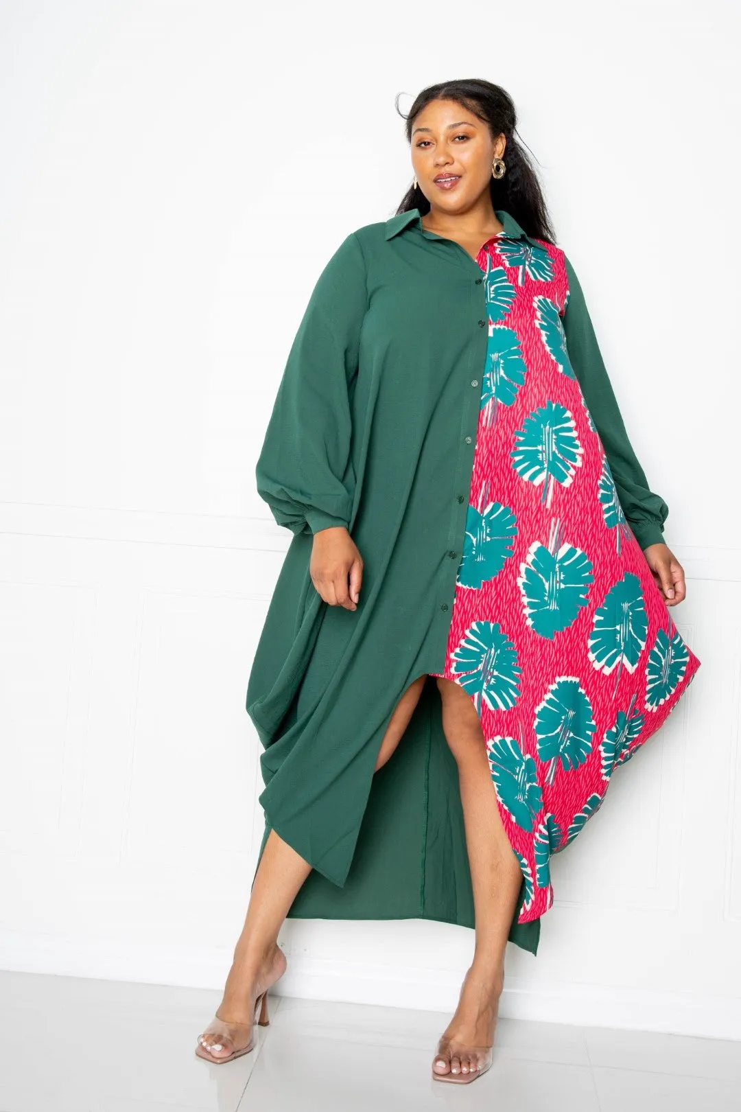 Two Tone Button Detail Drape Shirt Maxi Dress