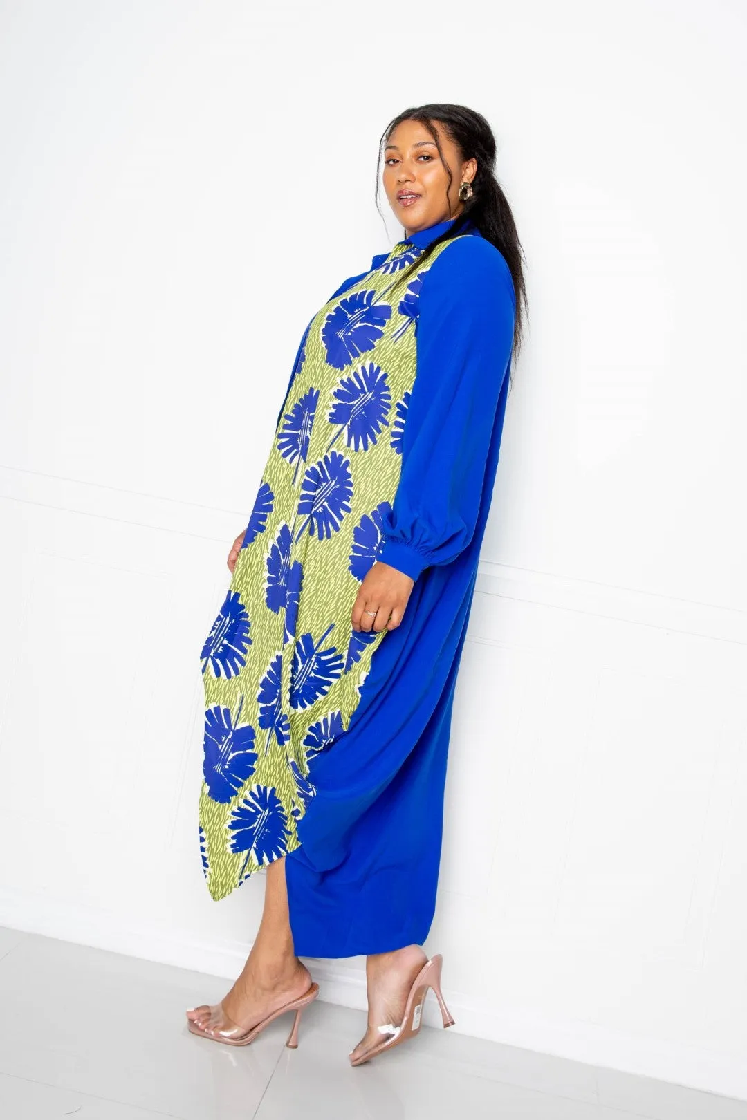 Two Tone Button Detail Drape Shirt Maxi Dress