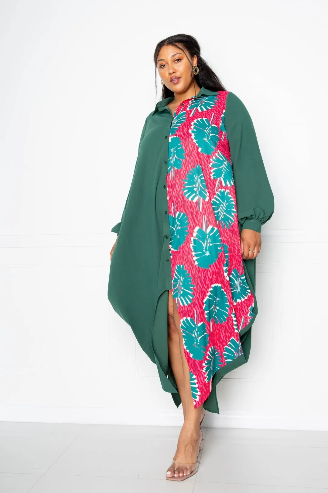Two Tone Button Detail Drape Shirt Maxi Dress