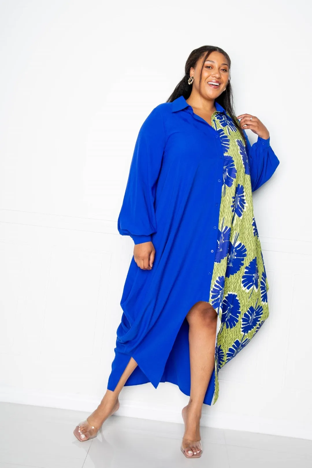 Two Tone Button Detail Drape Shirt Maxi Dress