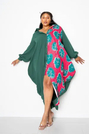Two Tone Button Detail Drape Shirt Maxi Dress