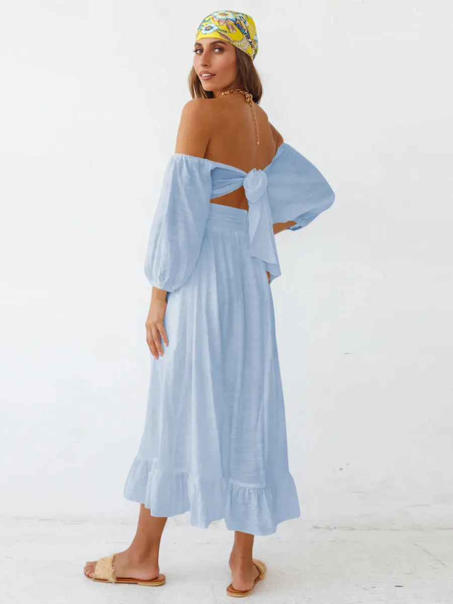 Under The Tuscan Back Tie Bow Puff Sleeve Mid Dress - Blue