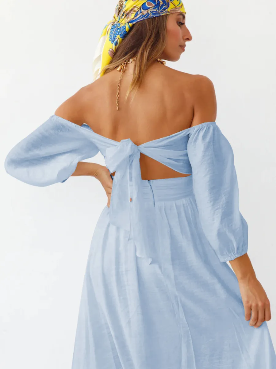 Under The Tuscan Back Tie Bow Puff Sleeve Mid Dress - Blue