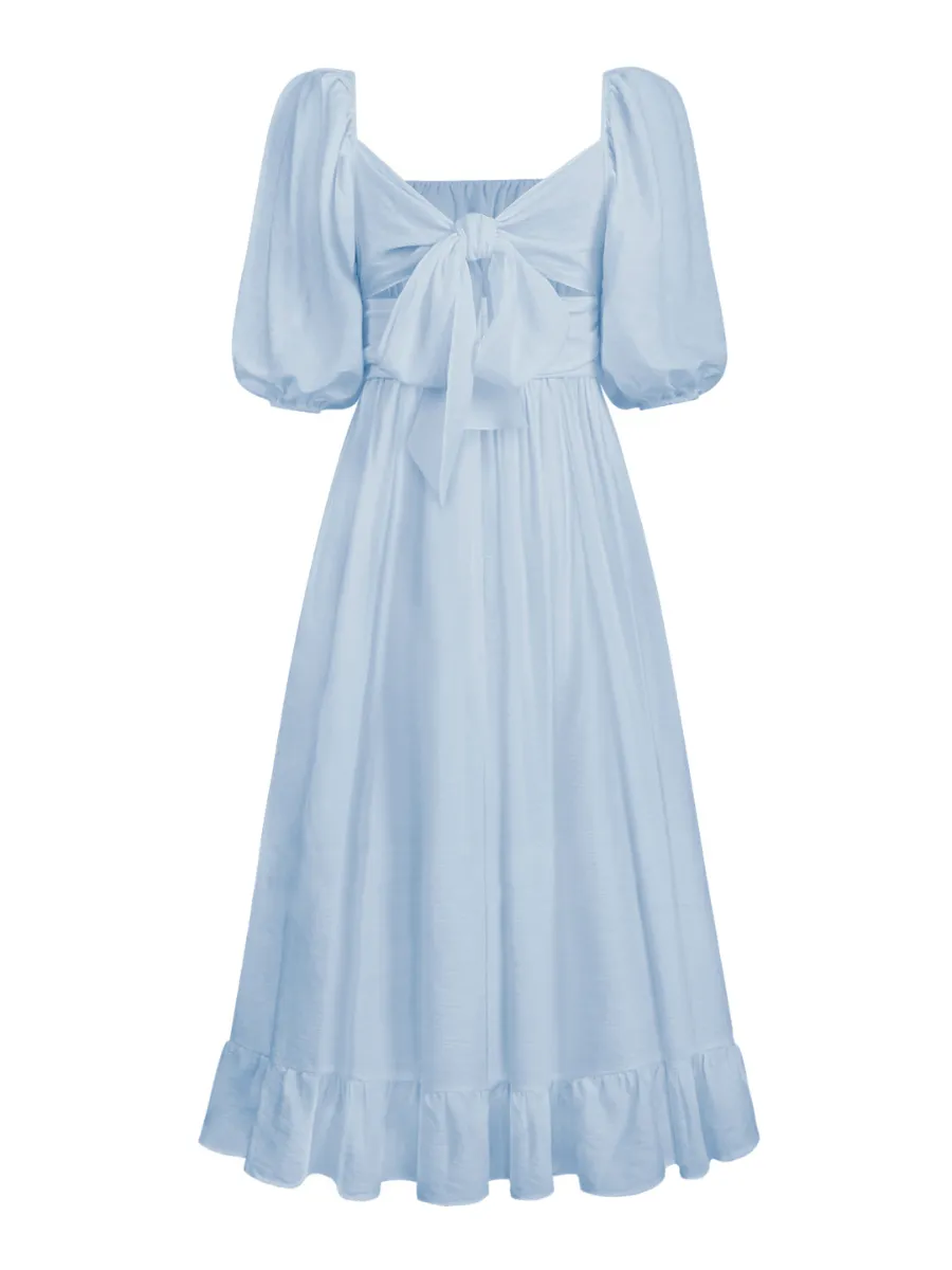 Under The Tuscan Back Tie Bow Puff Sleeve Mid Dress - Blue