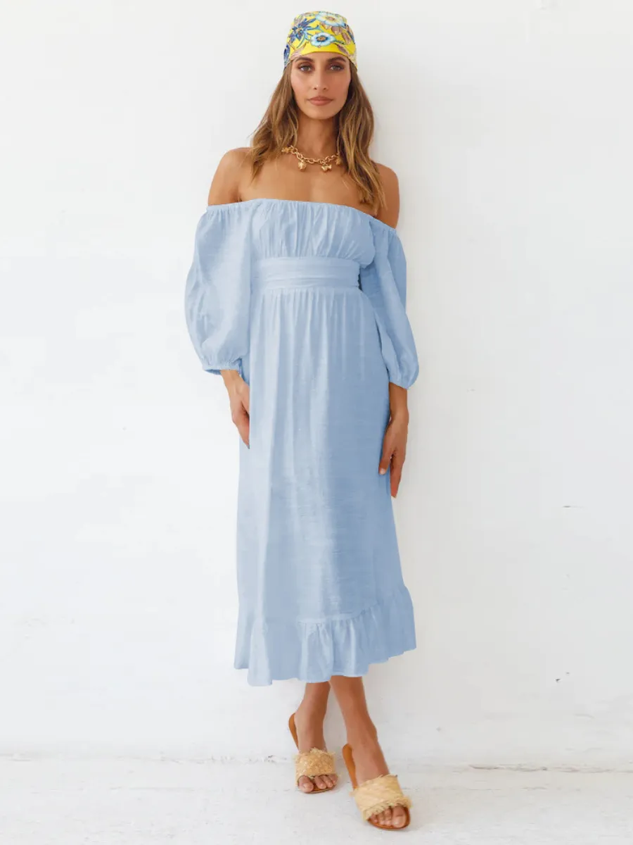 Under The Tuscan Back Tie Bow Puff Sleeve Mid Dress - Blue