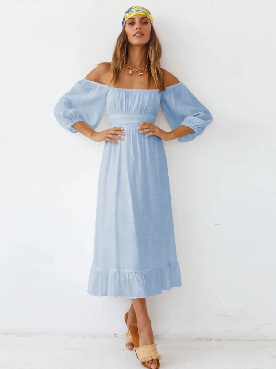 Under The Tuscan Back Tie Bow Puff Sleeve Mid Dress - Blue