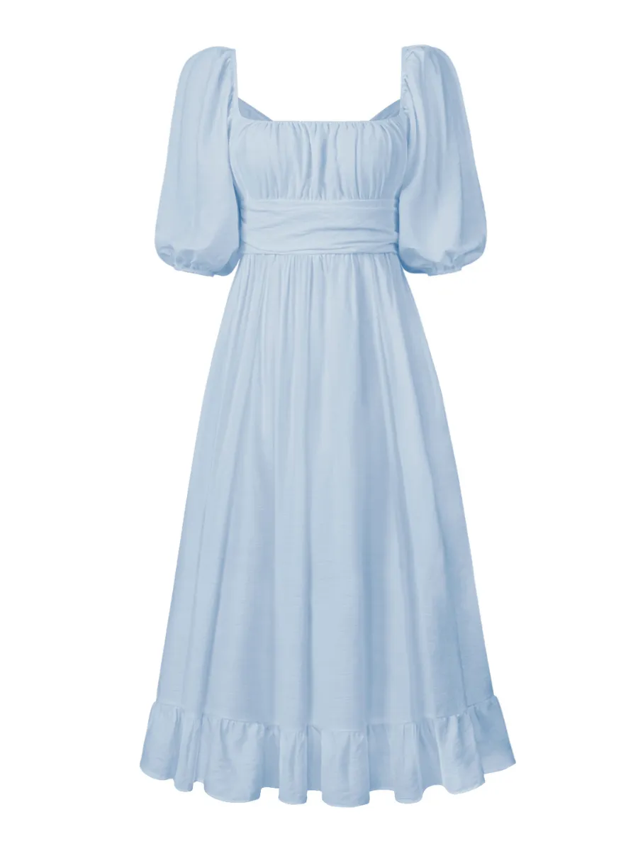 Under The Tuscan Back Tie Bow Puff Sleeve Mid Dress - Blue