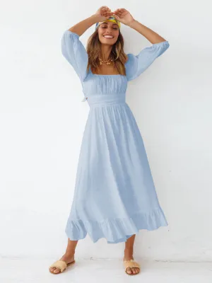 Under The Tuscan Back Tie Bow Puff Sleeve Mid Dress - Blue