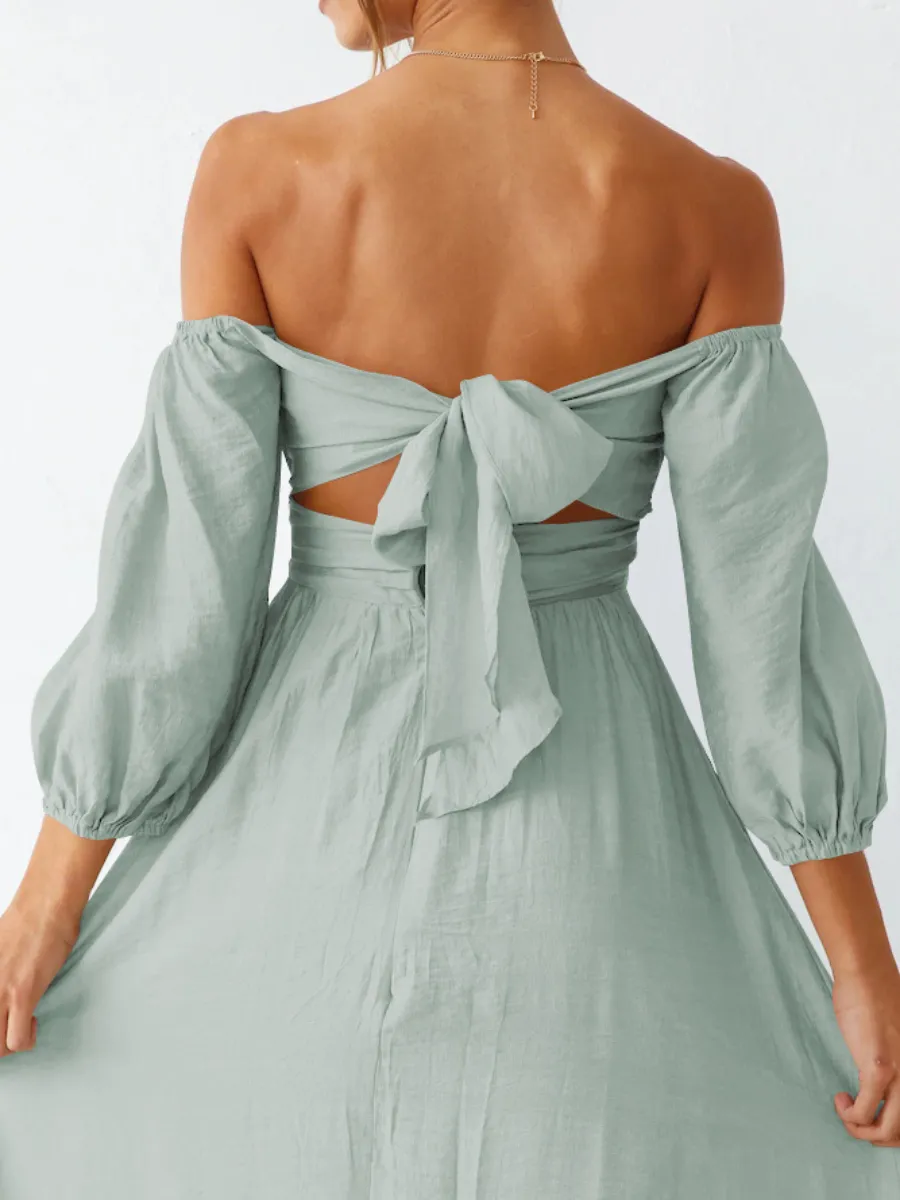 Under The Tuscan Back Tie Bow Puff Sleeve Mid Dress - Sage