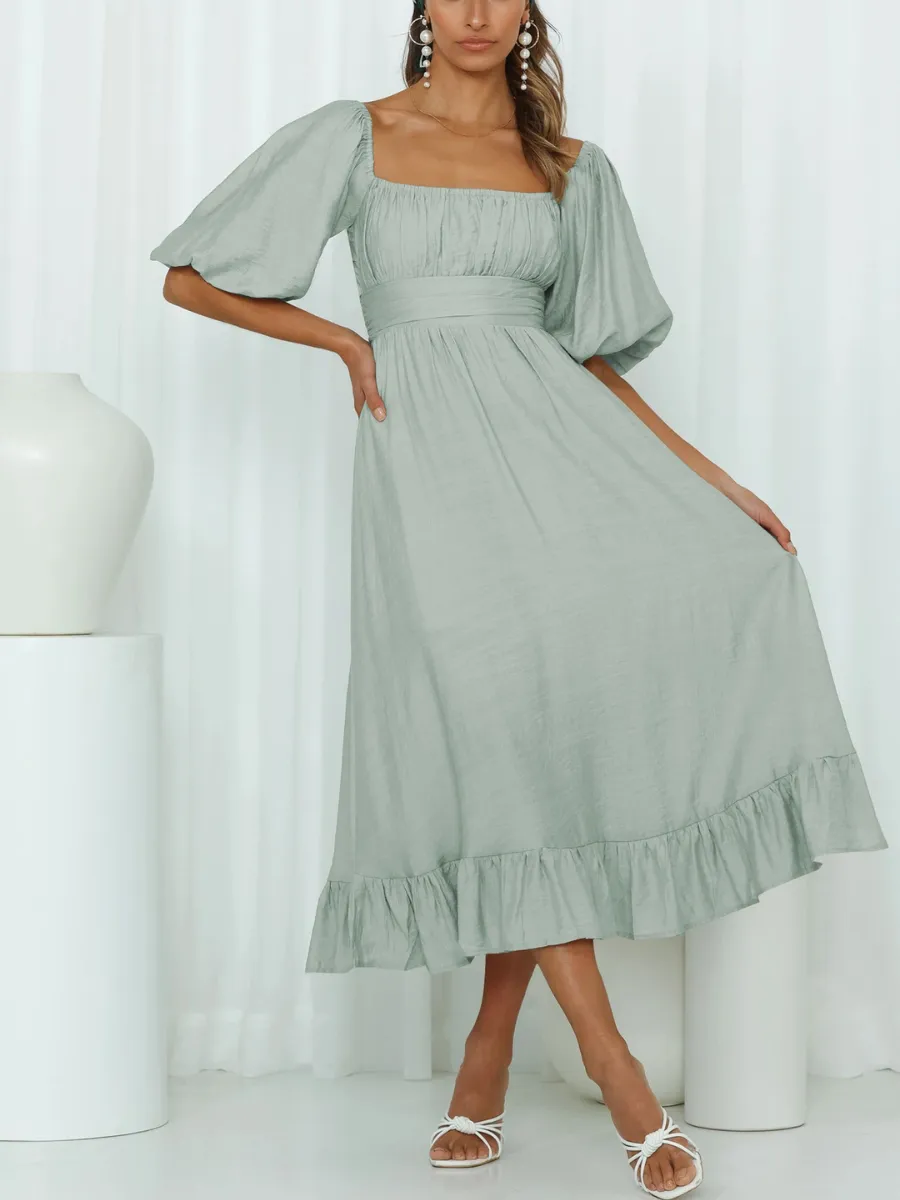 Under The Tuscan Back Tie Bow Puff Sleeve Mid Dress - Sage
