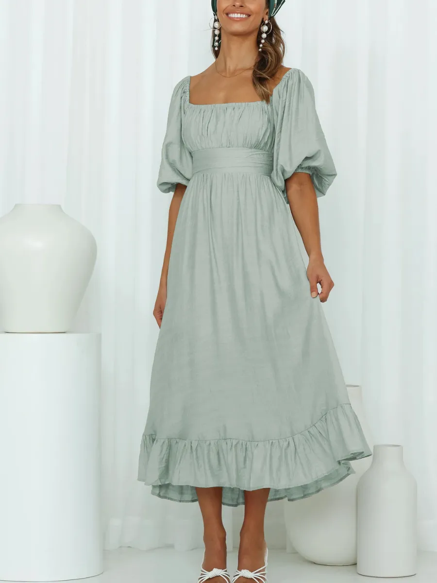 Under The Tuscan Back Tie Bow Puff Sleeve Mid Dress - Sage
