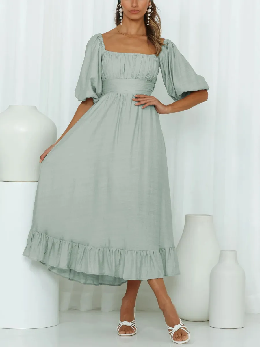 Under The Tuscan Back Tie Bow Puff Sleeve Mid Dress - Sage