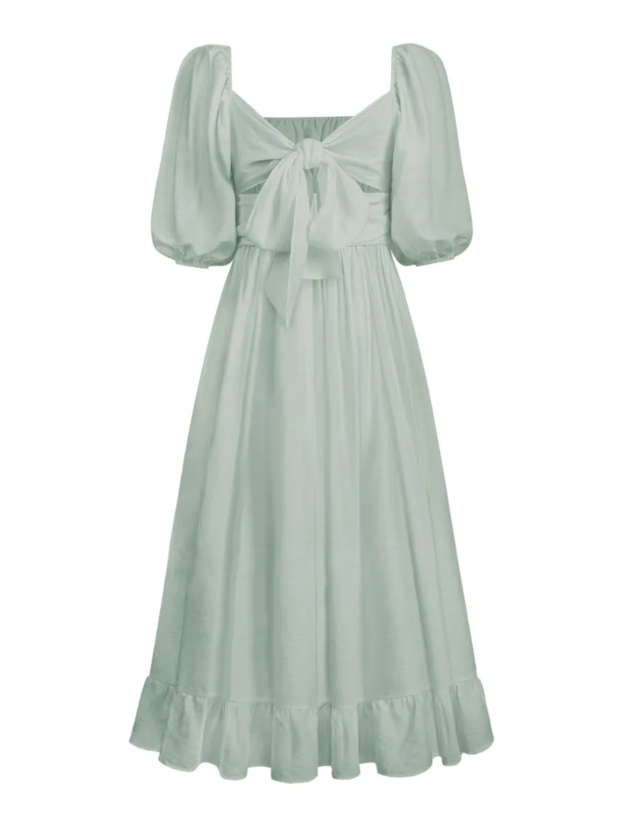 Under The Tuscan Back Tie Bow Puff Sleeve Mid Dress - Sage