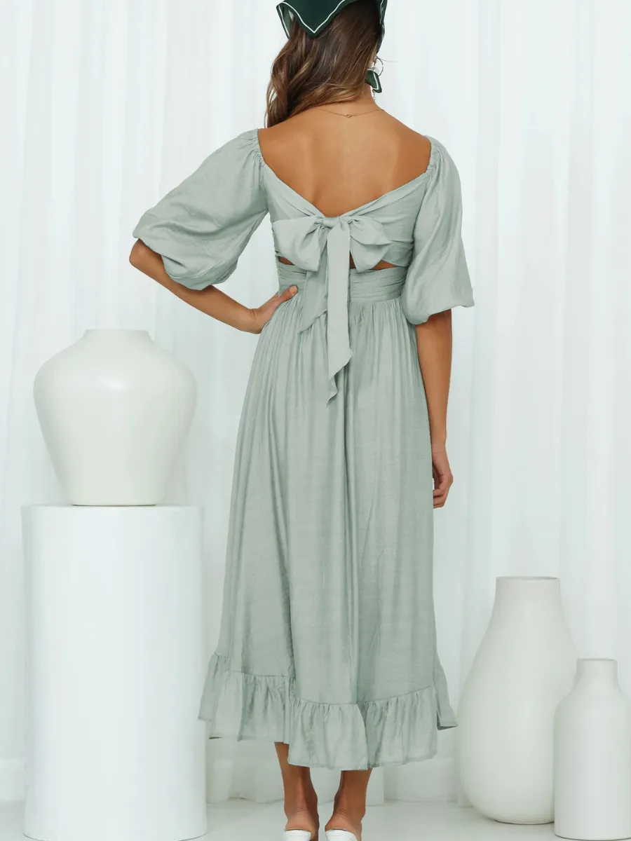 Under The Tuscan Back Tie Bow Puff Sleeve Mid Dress - Sage