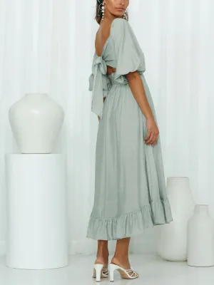 Under The Tuscan Back Tie Bow Puff Sleeve Mid Dress - Sage